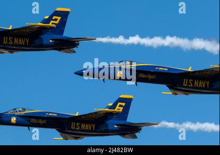 Das US Navy Flight Demonstration Squadron, die Blue Angels, fliegt in ihrer Delta-Formation an der Titans of Flight Air Expo, Joint Base Charleston, South Carolina, 8. April 2022 vorbei. Die Airshow zollt der Luftkraft Tribut, vom frühesten Inventar des US-Militärs bis hin zu modernen Flugzeugen. (USA Luftwaffe Foto von Airman 1. Class Mitchell Corley) Stockfoto