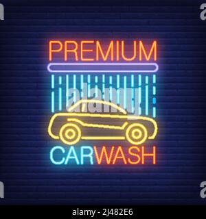 Premium-Autowaschanlage mit Neontext und Auto unter der Dusche. Neonschild, nächtliche Werbung, buntes Schild, Lichtbanner. Vektordarstellung in Stock Vektor