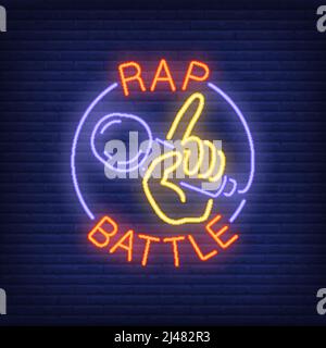 Rap Battle Neon Text und Hand halten Mikrofon. Neonschild, nächtliche Werbung, buntes Schild, Lichtbanner. Vektorgrafik in Neon Stock Vektor