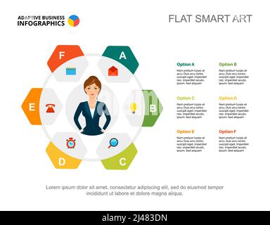 Vorlage für ein sechs-Schritte-Arbeitsprozess-Diagramm zur Präsentation. Visualisierung von Geschäftsdaten. Strategie, Workflow, Idee, Plan, Finanzen oder Marketing Stock Vektor