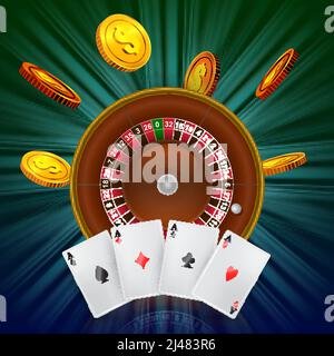 Casino Roulette, fliegende goldene Münzen und vier Asse. Casino Business Werbedesign. Für Poster, Banner, Broschüren und Broschüren. Stock Vektor