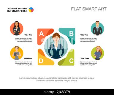 Vorlage für das Prozessdiagramm für fünf Führungskräfte. Geschäftsdaten. Abstrakte Elemente des Diagramms, Grafik. Mitarbeiter, Leiter, Finanzen oder Teamarbeit kreativ concep Stock Vektor