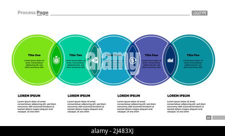 Fünf Kreise verarbeiten die Diagrammvorlage. Geschäftsdaten. Abstrakte Elemente des Diagramms, Grafik. Projekt-, Strategie-, Analitik-, Finanz- oder Marketing-Kreativ Stock Vektor