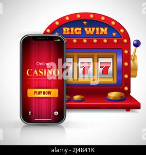 Big Win Online Casino spielen jetzt Schriftzug auf Smartphone-Bildschirm und Spielautomaten. Casino Business Werbedesign. Für Plakate, Banner, Flugblätter und Stock Vektor