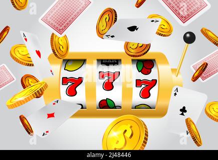 Lucky sieben Spielautomat, fliegende Asse und goldene Münzen auf grauem Hintergrund. Casino Business Werbedesign. Für Poster, Banner, Broschüren und broc Stock Vektor