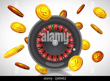 Casino Roulette und fliegende goldene Münzen. Casino Business Werbedesign. Für Poster, Banner, Broschüren und Broschüren. Stock Vektor