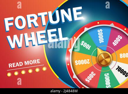 Fortune Wheel lesen Sie mehr Schriftzug auf rotem Hintergrund. Casino Business Werbedesign. Für Poster, Banner, Broschüren und Broschüren. Stock Vektor