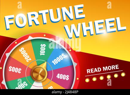 Fortune Wheel lesen Sie mehr Schriftzug auf rotem und gelbem Hintergrund. Casino Business Werbedesign. Für Poster, Banner, Broschüren und Broschüren. Stock Vektor