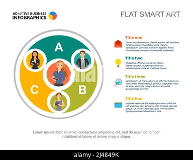 Vorlage für das Prozessdiagramm für das Team von vier Managern zur Präsentation. Geschäftsdaten. Abstrakte Elemente des Diagramms, Grafik. Strategie, Idee, Management oder Markt Stock Vektor