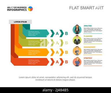 Vier Manager verarbeiten die Diagrammvorlage zur Präsentation. Visualisierung von Geschäftsdaten. Erfolg, Strategie, Management, Rekrutierung oder Marketing kreativ c Stock Vektor