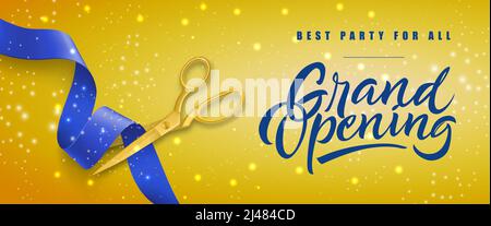 Große Eröffnung, beste Party für alle festlichen Banner-Design mit Goldschere schneiden blauen Band auf gelb funkelnden Hintergrund. Beschriftung kann f verwendet werden Stock Vektor