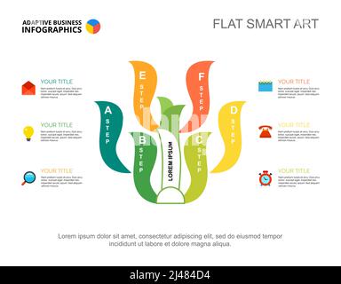 Sechs-Schritte-Baumdiagramm. Kreatives Präsentationsdesign mit Flussdiagramm. Editierbare Vorlagen für Infografiken, Projekte und Berichte können für Themen wie b verwendet werden Stock Vektor