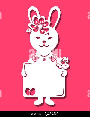 Osterhase Mädchen hält Karte in ihren Händen für Laser geschnitten. Vektorgrafik Stock Vektor