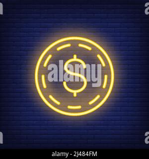 Dollar-Münze auf Backstein-Hintergrund. Neon-Stil Illustration. Geld, Bargeld, Reichtum. Währungs-Banner. Für Finanzen, Banken, Geschäftskonzept Stock Vektor