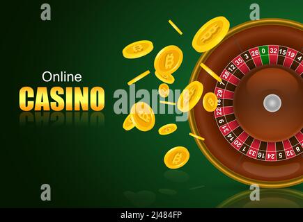 Online Casino Schriftzug, Roulette und fliegende goldene Münzen. Casino Business Werbedesign. Für Poster, Banner, Broschüren und Broschüren. Stock Vektor