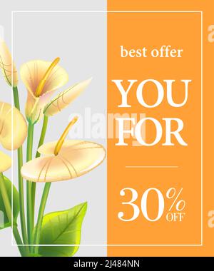 Bestes Angebot für Sie dreißig Prozent Rabatt Poster-Design mit weißen Calla Lilien auf orangefarbenem Hintergrund. Eingetippte Texte in Rahmen können für Flyer, Zeichen, b verwendet werden Stock Vektor