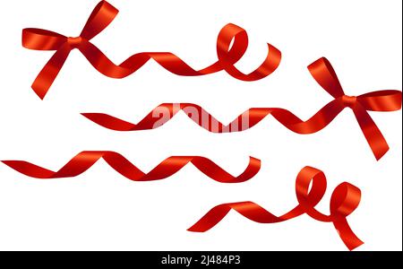 Dekoratives Set aus gewellten roten Bändern und Schleifen. Designelement. Für Banner, Poster, Broschüren und Broschüren. Stock Vektor