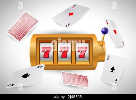 Glückliche sieben Spielautomaten und fliegende Asse. Casino Business Werbedesign. Für Poster, Banner, Broschüren und Broschüren. Stock Vektor