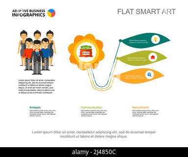 Vorlage für ein Finanzprozessdiagramm mit drei Optionen. Geschäftsdaten. Abstrakte Elemente des Diagramms, Grafik. Team, Geld, Finanzen oder Teamarbeit kreativ concep Stock Vektor