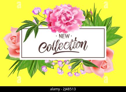 Neue Kollektion Schriftzug im Rahmen mit Blumen. Sommerangebot oder Verkauf Werbedesign. Handgeschriebener und getippte Text, Kalligraphie. Für Broschüre, Broschüre Stock Vektor