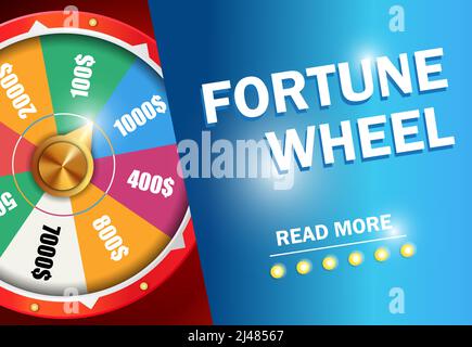 Fortune Rad lesen Sie mehr Inschrift auf blauem Hintergrund. Casino Business Werbedesign. Für Poster, Banner, Broschüren und Broschüren. Stock Vektor