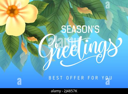 Jahreszeiten Grüße, beste Angebot für Sie Werbedesign mit gelben Blume und Blättern auf himmelblauem Hintergrund. Es können getippter und kalligraphischer Text verwendet werden Stock Vektor