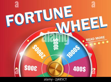 Fortune Wheel lesen Sie mehr Inschrift auf orangefarbenem Hintergrund. Casino Business Werbedesign. Für Poster, Banner, Broschüren und Broschüren. Stock Vektor