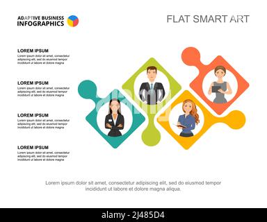 Vier Mitarbeiter verarbeiten die Diagrammvorlage zur Präsentation. Visualisierung von Geschäftsdaten. Arbeit, Strategie, Management, Rekrutierung oder Marketing kreative Kon Stock Vektor