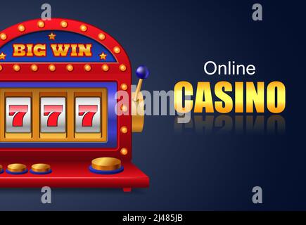 Online-Casino und große gewinnen Schriftzug, Glück sieben Spielautomat. Casino Business Werbedesign. Für Poster, Banner, Broschüren und Broschüren. Stock Vektor