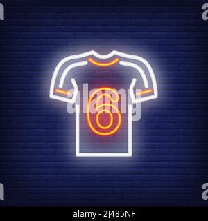 Fußballtrikot mit Spielernummer auf Backstein-Hintergrund. Neon-Stil Illustration. Fußballspieler, Sportbekleidung, Uniform. Fußball-Banner. Für Teamspiel, Sport, Stock Vektor