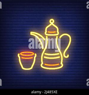 Arabisches Kaffee-Neonschild. Traditionelle Kaffeebecher symbolisieren Gastfreundschaft. Nächtliche Werbung. Vektorgrafik im Neon-Stil für Cafe oder Res Stock Vektor