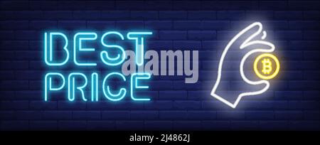 Bester Preis Vektor Illustration in Neon-Stil. Text, Hand hält Bitcoin auf Backstein Wand Hintergrund. Nacht helle Werbung Design, Banner, Zeichen. Mon Stock Vektor