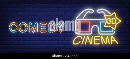 Comedy-Film Neon-Schild. Leuchtende 3D Gläser auf Backsteinwand Hintergrund. Nächtliche Werbung. Vektorgrafik im Neon-Stil für Kino und Fil Stock Vektor