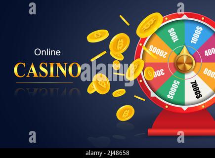 Online Casino Schriftzug, Glücksrad, fliegende goldene Münzen. Casino Business Werbedesign. Für Poster, Banner, Broschüren und Broschüren. Stock Vektor