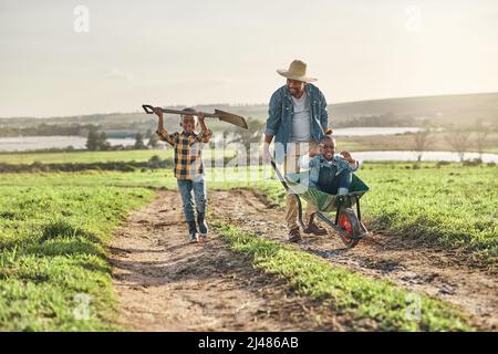 Es ist keine harte Arbeit, wenn es Spaß macht. Aufnahme eines reifen Mannes, der seinen entzückenden Sohn und seine Tochter auf einer Farm arbeitet. Stockfoto