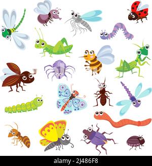 Lustige Bugs und andere Insekten, Muster, Bugs, verschiedene Posen und Situationen, Zeichnung, Vektor, Bilder, Karikatur Stock Vektor