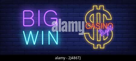 Casino Night Neonschild. Dollar-Zeichen und große Win-Inschrift auf Backsteinmauer Hintergrund. Nächtliche Werbung. Vektor-Illustration im Neon-Stil f Stock Vektor