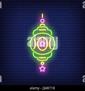 Dekoriert Laterne Neonschild. Schöne verzierte Lampe auf dunklem Backstein Wand Hintergrund. Nächtliche Werbung. Vektorgrafik im Neon-Stil für Ra Stock Vektor