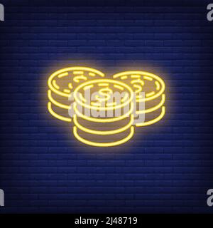 Dollar-Münzstapel auf Backstein-Hintergrund. Neon-Stil Illustration. Ersparnisse, Geld, Einkommen. Währungs-Banner. Für Finanzen, Banken, Wirtschaft Konzept Stock Vektor