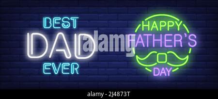 Happy Fathers Day, bester Vater aller Zeiten Vektorgrafik im Neon-Stil. Text und Schnurrbart in runder Form auf Backsteinwand-Hintergrund. Nacht helles Design, b Stock Vektor