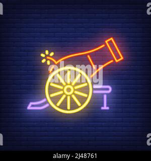 Neon-Symbol für Schießkanonen. Helles Zirkusgewehr auf dunklem Backsteinwand Hintergrund. Nächtliche Werbung. Vektor-Illustration im Neon-Stil für Karneval Stock Vektor