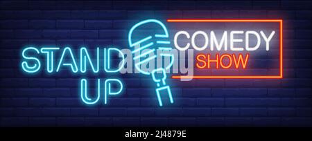 Stand Up Comedy Show Neonschild. Blaues Mikrofon an der Ziegelwand. Nächtliche Werbung. Vektorgrafik im Neon-Stil für Unterhaltung und Unterhaltung Stock Vektor