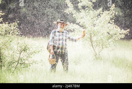 Alter Mann, der läuft. Opa Rentner. Senior Wandern im Wald. Sommer und Hobbys. Großvater mit Korb von Pilzen und eine überraschende Gesichtsbehandlung Stockfoto