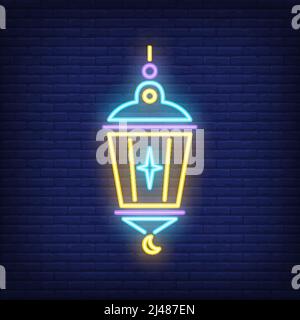 Islamische Laterne Neonschild. Lampe mit Stern und Halbmond auf dunklem Backsteinwand Hintergrund. Nächtliche Werbung. Vektor-Illustration im Neon-Stil fo Stock Vektor