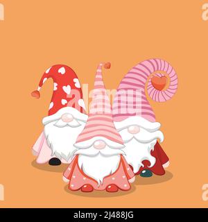 Cartoon drei Valentinstag Gnome mit roten Herzen Illustration. Stock Vektor