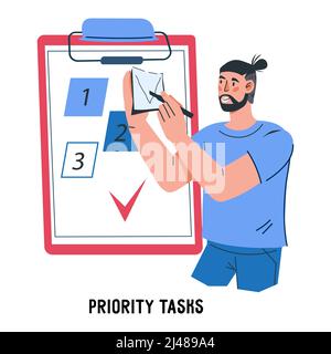 Geschäftsmann organisiert effektiv den Workflow und Aufgaben Priorität, flache Vektor isoliert. Stock Vektor