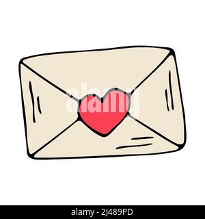 Farbige Doodle Vektor Brief Umschlag mit Herz. Handgezeichnetes Logo oder Symbol mit dünner schwarzer Linie. Stock Vektor