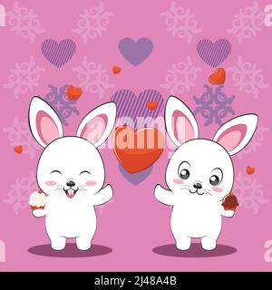 Niedliche Cartoon paar weiße Hasen mit Herz, Grußkarte Illustration. Stock Vektor