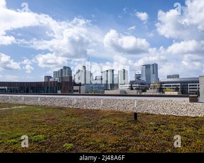 Bellevue, WA USA - ca. April 2022: Weitwinkel-Ansicht von Bauarbeiten in der Innenstadt von Bellevue an einem hellen, bewölkten Tag Stockfoto