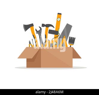 Reparatur- und Bauwerkzeuge Vektor-Konzept. Abbildung der Werkzeugkiste für Konstruktion, Schraubendreher und Schraubenschlüssel EPS 10 Stock Vektor